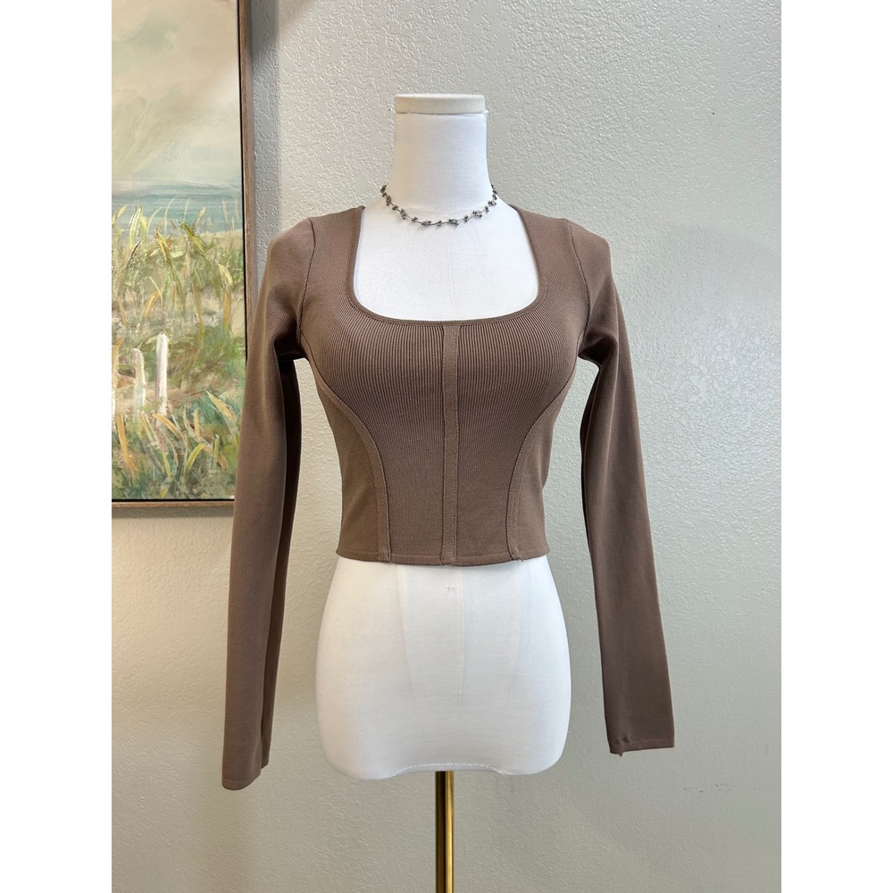 Brown Ribbed Long Sleeve Corset Knit Top Square Neck Small